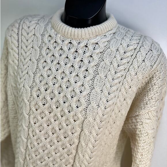 Carraig Donn Merino Wool Ivory Cable Knit Pullover Sweater Fisherman Unisex - Picture 2 of 8